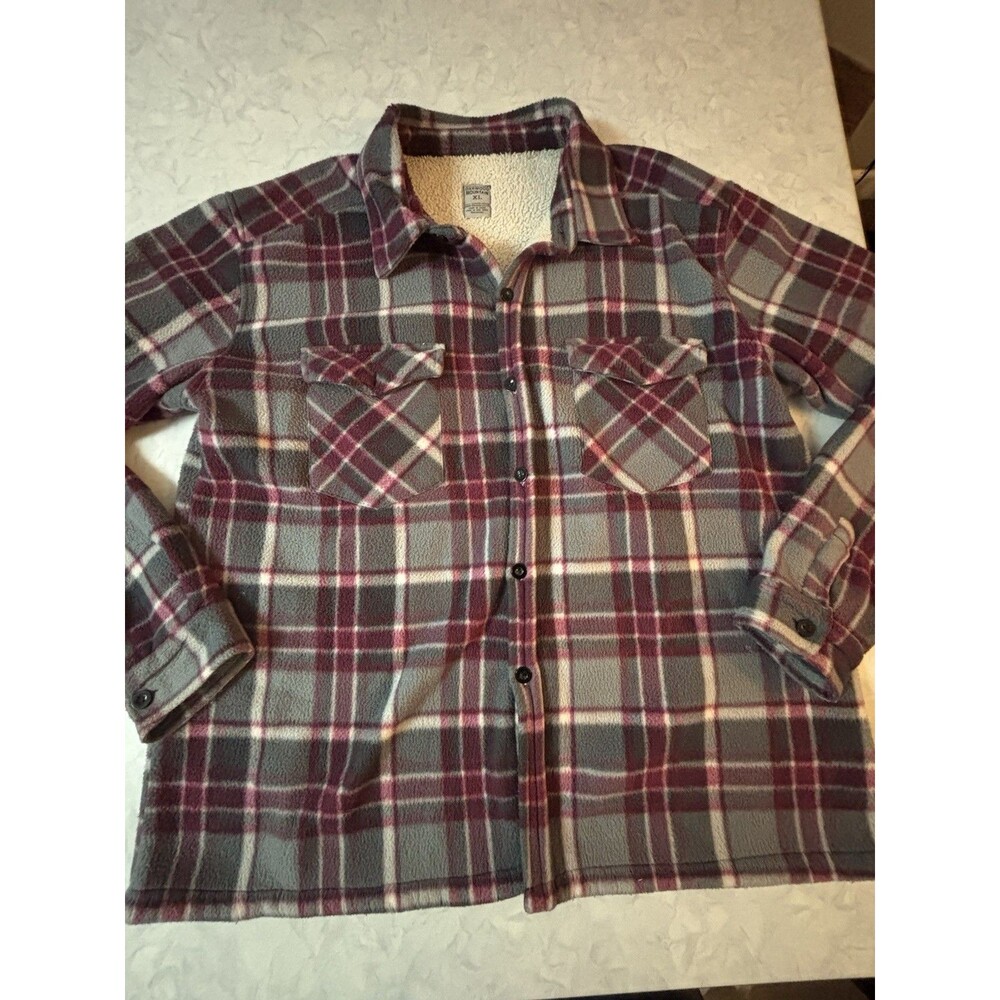 Oakwood Mountain Fleece Jacket Mens XL Plaid Sherpa Lined Shirt Shacket Burgundy
